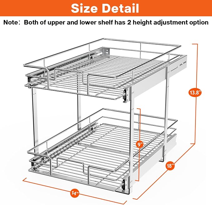 ROOMTEC Individual Pull Out Cabinet Organizer (14" W x 18" D), 2 Tier Spice Rack Organizer for Cabinet, Slide Out Drawer Pantry Shelf Organization and Storage for Kitchen Bathroom - Image 3