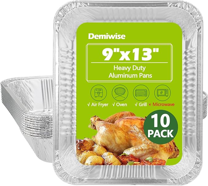 Thickened 10 Pack Heavy Duty Aluminum Pans, 9x13 Aluminum Foil Pans Disposable, Half Size Steam Table Foil Baking Tray for Cooking, Baking, Roasting & Chafing, Carton Packaging by Demiwise