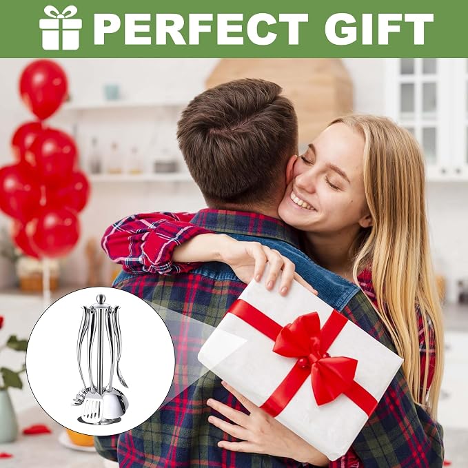 18/10 Stainless Steel Cooking Utensils Set with Holder, 7-Pieces All Metal Kitchen Utensils, Kitchen Cooking Tools, Kitchen Tools with Countertop Rotating Stand - Image 7