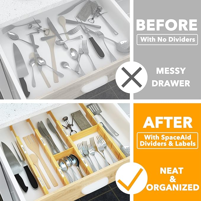 SpaceAid Bamboo Spice Drawer Organizer and Bamboo Drawer Dividers with Inserts and Labels, Kitchen Adjustable Drawer Organizers - Image 6