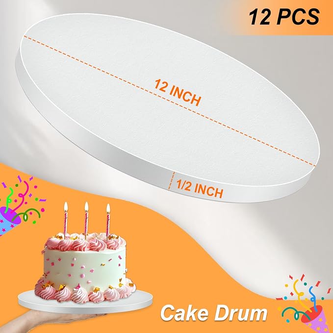 12 PCS Cake Drums 12 Inch Round, 1/2 Inch Thick Cake Boards, Food-Grade White Cardboard Cake Bases for Layer Cakes, Weddings, Birthdays & Bakery Use - Image 3