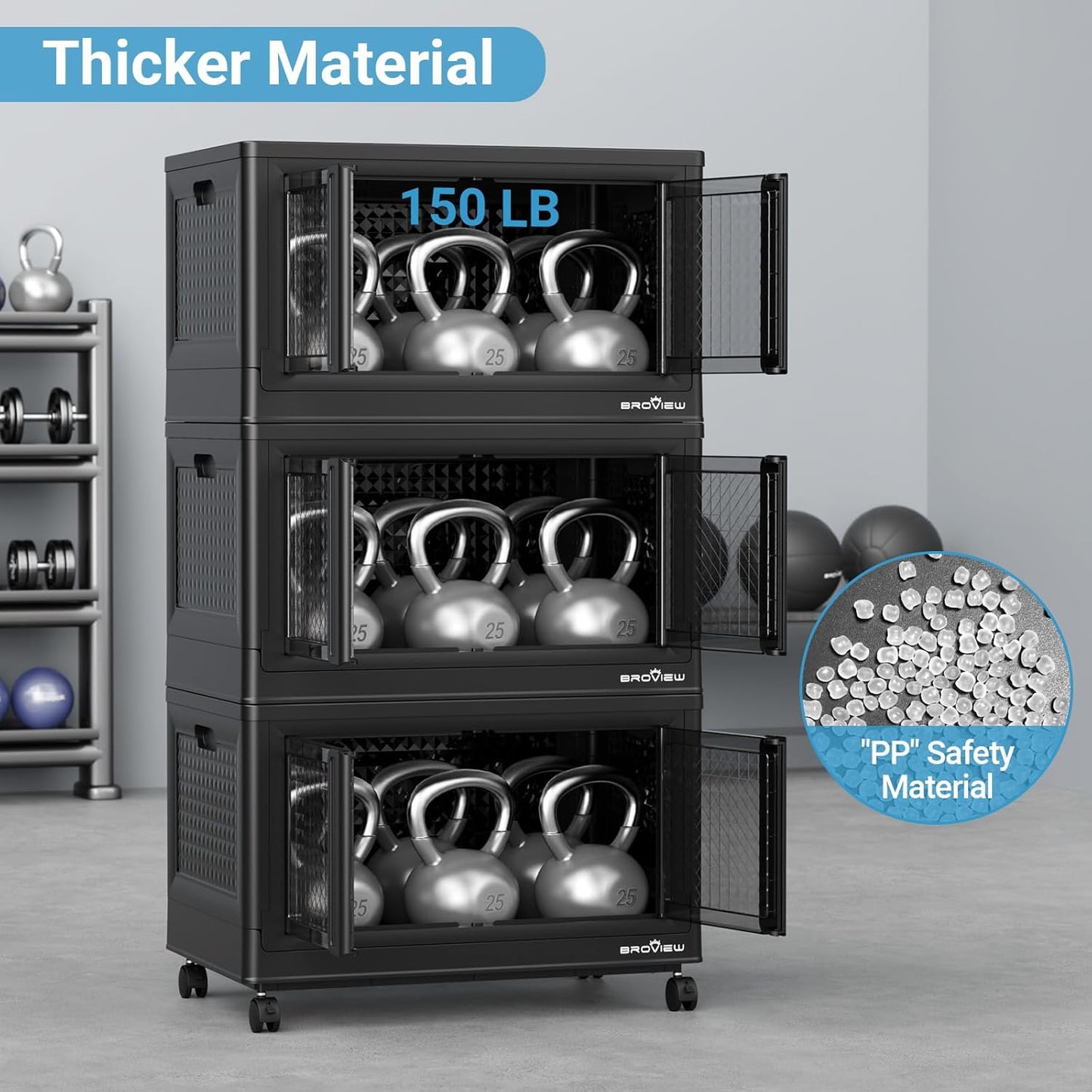 400Qt Stackable Storage Bins with Lids, 100Gal Closet Organizers and Storage Drawer, Plastic Collapsible Storage Bins with Doors, Heavy Duty Store Box Cabinet for Home Office, 4Pack Black