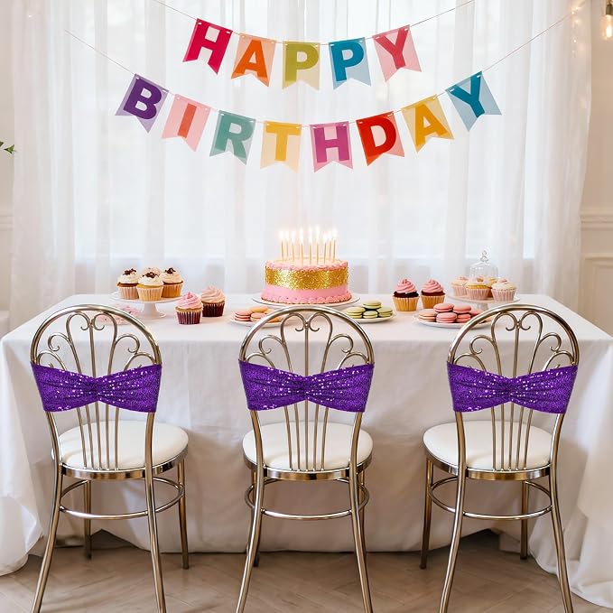 SquarePie Sequin Chair Sashes Bows 10 Pack Purple Shiny Chair Cover Bands for Wedding Banquet Party Decor - Image 4
