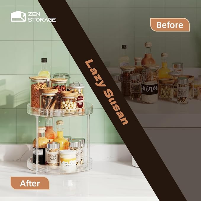 2 Tier Lazy Susan 9 Inch, Turntable Round Plastic Clear Acrylic Organizer Organiztion Storage Container Bins, Rotating Spice Rack, Closet - Image 2