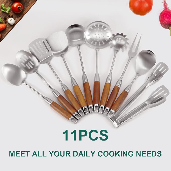304 Stainless Steel Kitchen Utensils Set with Wooden Handle, 11 Pcs Long Heat Resistant Metal Cooking Utensils Set, Stainless Steel Cooking Utensils Set with Spatula, Turner, Solid and Slotted Spoon - Image 7