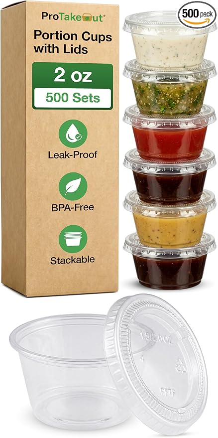 0.75-5.5 oz Plastic Portion Cups with Lids, 100-2000 Count, Dessert Cups with Lids, Jello Shot Cups with Lids, Small Plastic Cups for Salad Dressing & Condiments (500, 2.0, ounces) by ProTakeOut