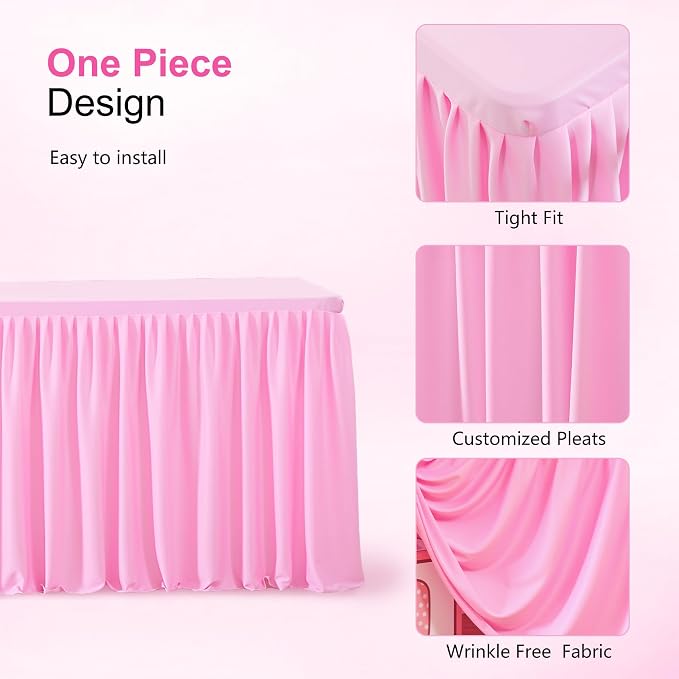 Wish Care Pink Polyester Table Clothes for 4 Foot Rectangle Tables, Wrinkle Free Fitted Table Cover with Pleated Ruffle Table Skirt for Birthday Party Wedding Trade Show Event Display - Image 5