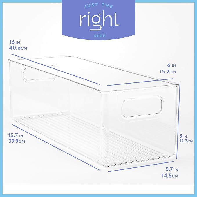 Plastic Food Storage 4 Pack Clear Container Bin with Handles for Organizing Kitchen, Pantry, Refrigerator, Freezer, Pantry, Cabinet, Closet, Bathroom. 16”x6”x5” - Image 3
