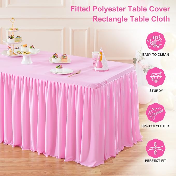 Wish Care Pink Polyester Table Clothes for 4 Foot Rectangle Tables, Wrinkle Free Fitted Table Cover with Pleated Ruffle Table Skirt for Birthday Party Wedding Trade Show Event Display - Image 4