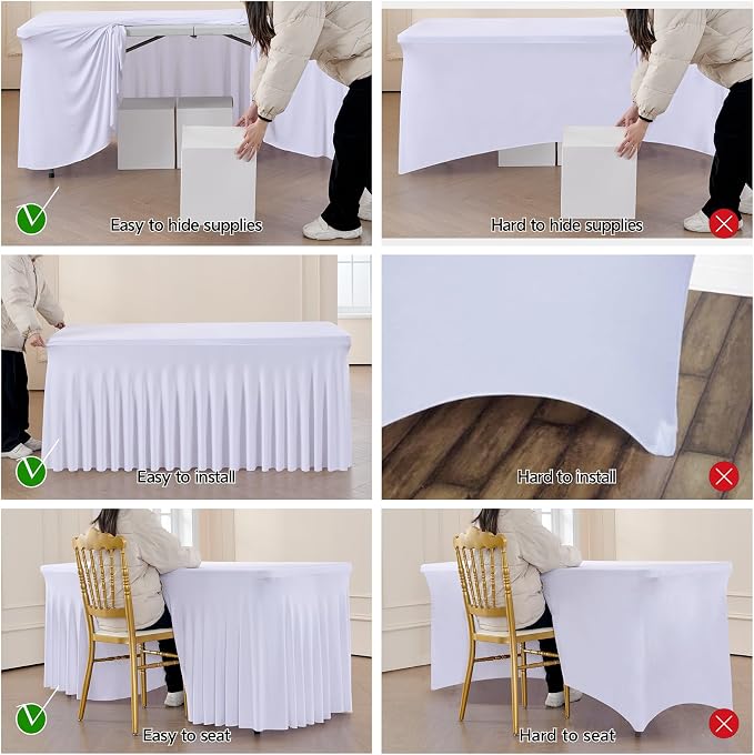 leegleri 8 Pack White Spandex Table Cloths for 6 Foot Rectangle Tables, Wrinkle Free Fitted Table Covers 6ft Stretch Tablecloths with Desk Skirt for Banquet Weddings Parties - Image 6