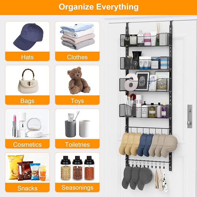 Over the Door Organizer, 2 in 1 Metal Hanging Closet Organizer & Hat Rack with 4 Adjustable Baskets, 8 Hooks, 10 Clips, Behind The Door Storage for Bedroom, Bathroom, Entrance, Closet, Kitchen, Black - Image 5