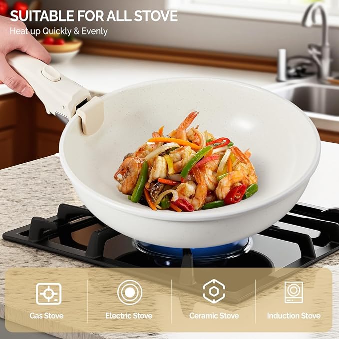 Bonnlo 22 Pcs Nonstick Pots and Pans Set with Lids, Kitchen Cookware Set with Detachable Handle Include Saucepan, Frying and Saute Pan, PFAS PFOA & PFOS Free, RV Induction, Aluminum, Cream White - Image 7