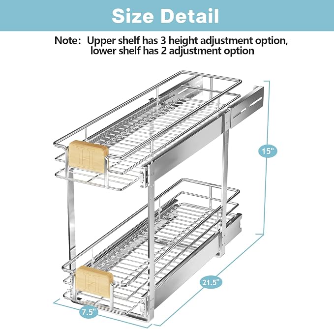 LOVMOR 2 Tier Pull Out Cabinet Organizer 7½" W x 21½" D, Slide Out Drawers with Wooden Handle, Sliding Shelves Organization and Storage for Kitchen, Pantry - Image 3