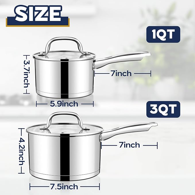 LIANYU Stainless Steel Saucepan Set of 2, 1QT & 3QT Sauce Pan with Lid, Tri-Ply Bottom Milk Pot, All Stove Compatible, Oven & Dishwasher Safe - Image 2