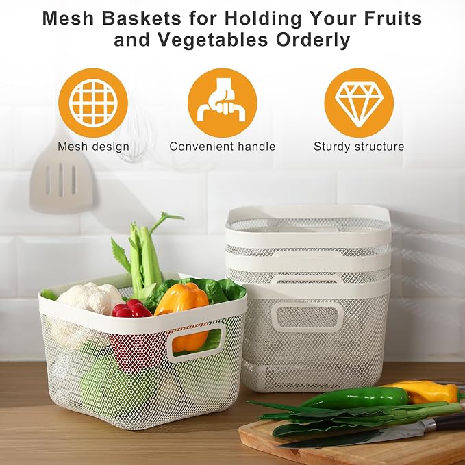MorningRo 4 Pack Metal Mesh Basket with Hollow Handles White Wire Storage Bin for Organizing Stackable Metal Fine Mesh Basket for Pantry Bathroom Kitchen Cabinets Shelves (Medium) - Image 3