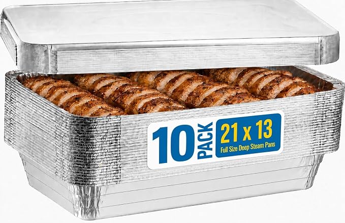 Full Size Deep Steam Aluminum Table Pans - Disposable to go Foil Pans for Chafing, Baking, Storing and Catering Containers (21” x 13” x 3”) (10, With Lids) by Plastible