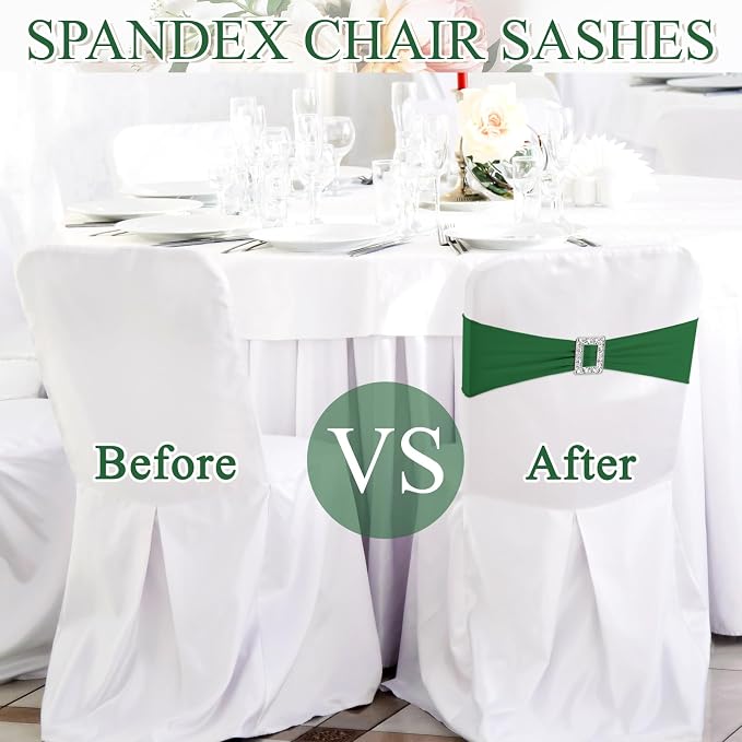 VitalCozy 100 Pcs Spandex Chair Sashes Wedding, Square Buckle, Green - Image 3