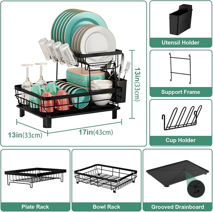 MOUKABAL 2 Tier Dish Drying Rack with Drainboard for Kitchen Counter, Black - Image 4