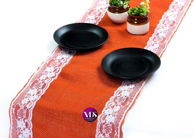 VDS Pack of 5, Burlap Table Runner with White Lace Edge, 100% Natural Jute Rustic Hessian Table Cloth Centerpiece for Wedding Birthday Party Banquet Table Decoration (Size 12X108 Inch)(Orange) by VDS