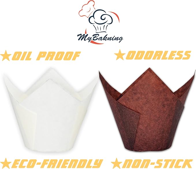 (Jumbo Extra Large size) Brown+White Tulip Baking Cups 2-1/4"(Base diameter) x 3-3/4"(Wall height) Greaseproof paper baking cupcake Muffin liners, Case of 130 pcs - Image 6