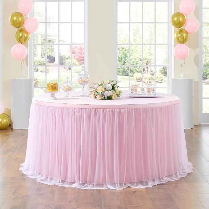 252in Baby Pink Tulle Table Skirts for Rectangle Tables 8ft, 2-Layer 21 ft Long Gold Grim Princess Pink Ruffle Tulle Tutu Table Skirt Cloth for Girl Birthday Baby Cake Dessert(No Table Cover) - Image 2