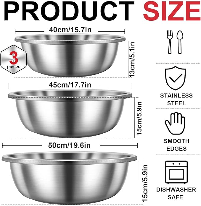 Domensi Set of 3 Extra Large Stainless Steel Mixing Bowls Large Mixing Container Easy to Clean, Nesting Bowls for Space Saving Storage for Cooking, Baking(201 Stainless Steel,13, 16, 20 Quart) - Image 2