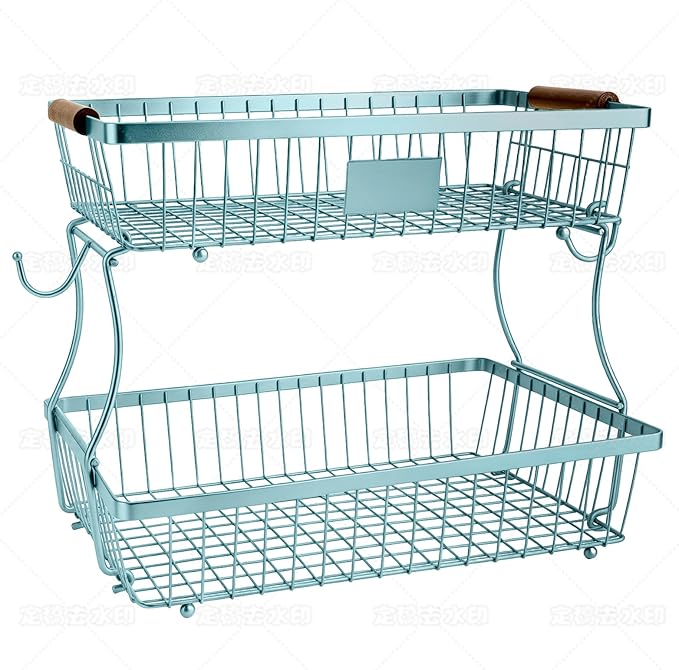 2-Tier Stackable Wire Basket with 2 Banana Hooks, Pantry Organizer for Kitchen Countertops, Cabinets & Under-Sink Spaces; Ideal for Storing Snacks, Fruits, Veggies, Onions, Potatoes, & More,Blue by Lawhood-Mijin