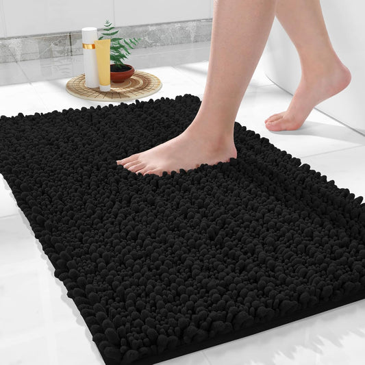 Yimobra Bathroom Rugs Non Slip Washable 32x20 Inch - Ultra Soft Absorbent Chenille Bath Mat, Quick Dry Shaggy Floor Carpet for Tub Shower, Black Home Decor Accessories