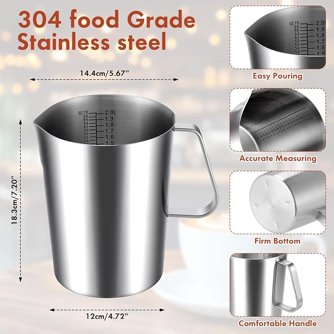 Copkim 4 Pcs Stainless Steel Measuring Cup with Handle and Pour Lip 67.6 Oz/ 2000 ml 304 Steel Milk Frothing Jug 8 Cup Metal Pitcher for Coffee Shop Bakery Commercial Home Latte Art Baking Frothing - Image 2