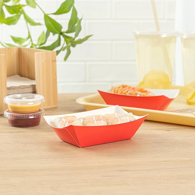Restaurantware-Bio Tek 6 Ounce Boat Paper Boats, 50 Disposable #40 Food Trays - PE Lining, Durable, Red Paper Food Baskets, For Concession Stands, Picnics, or Fairs, Stackable - Image 6