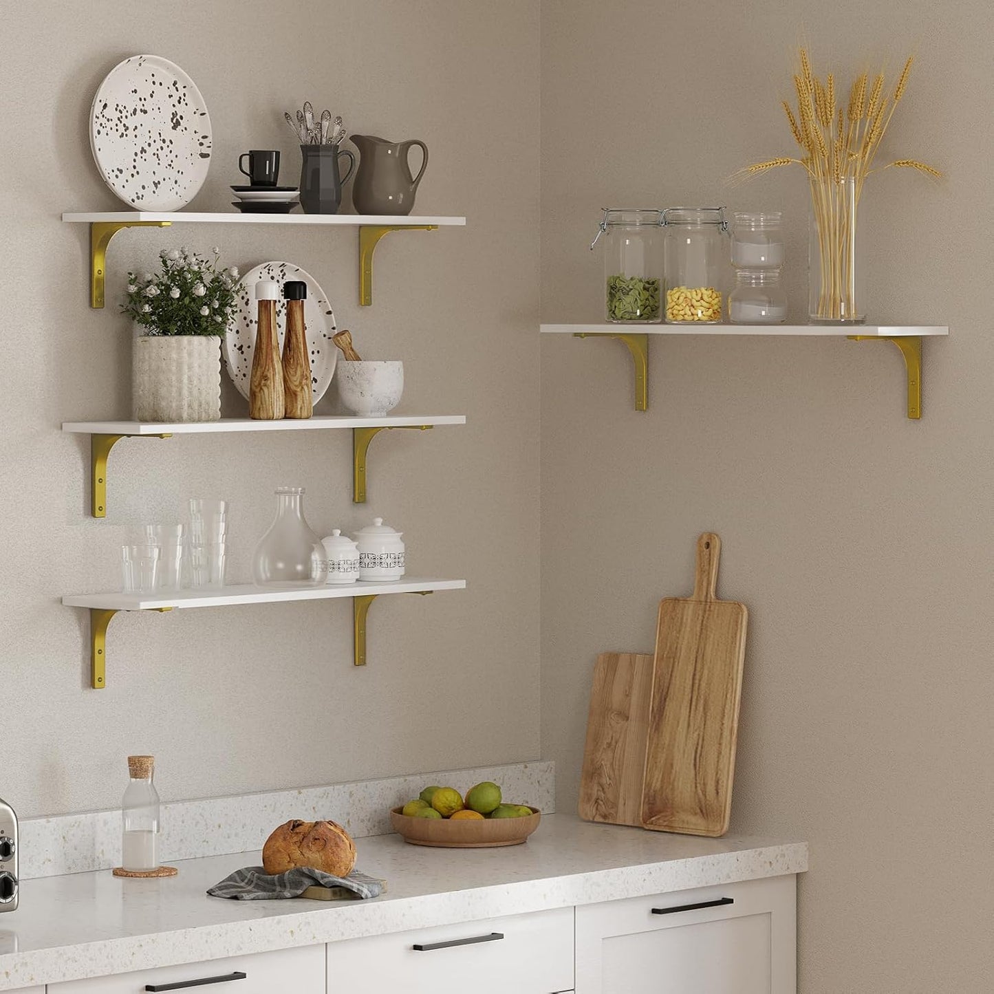 DINZI LVJ Long Wall Shelves, 31.5" Wall Mounted Shelves Set of 4, Large Floating Shelves with Metal Brackets, for Living Room, Bathroom, Bedroom, Kitchen, White and Gold