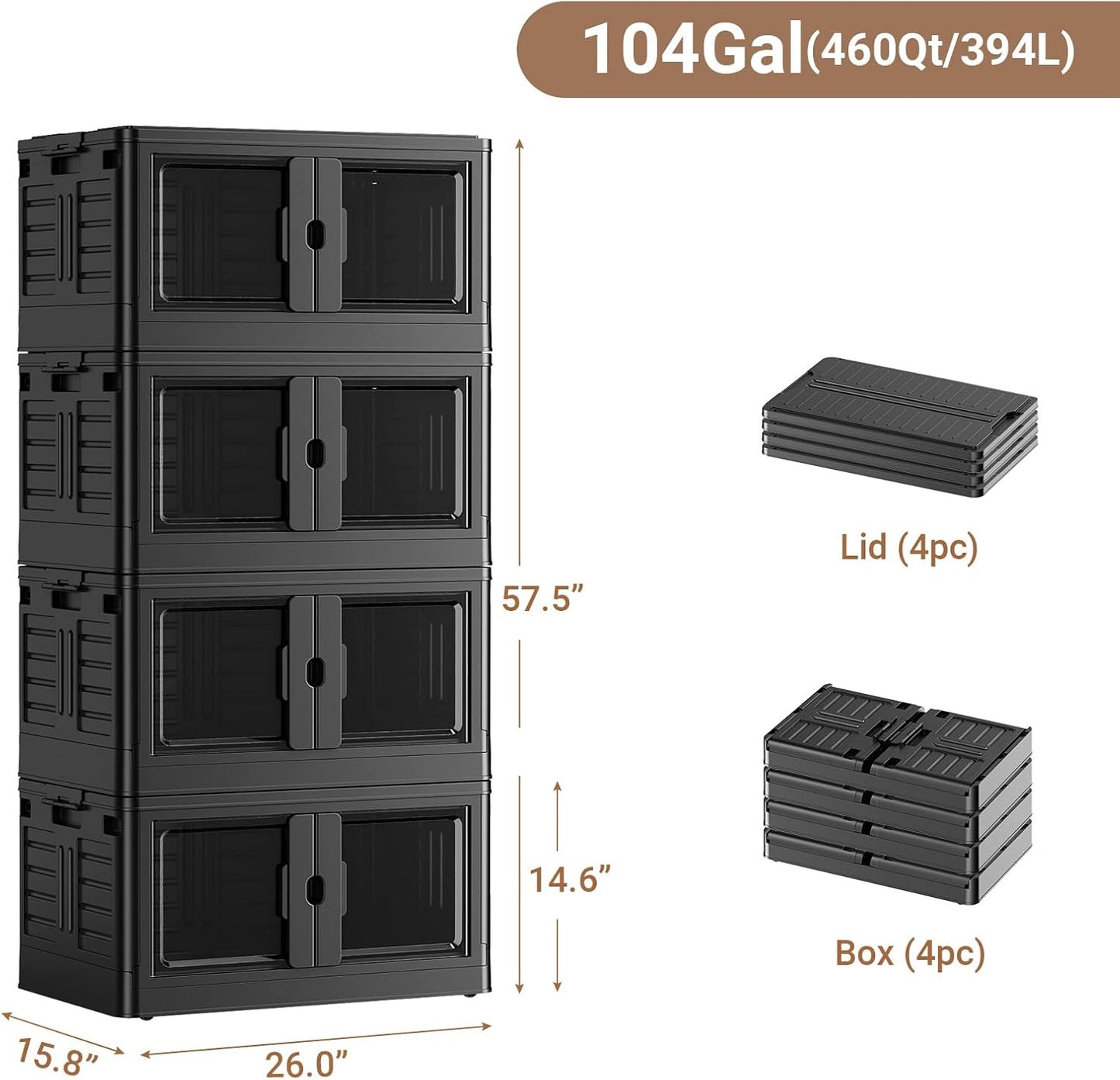 460Qt Stackable Storage Bins with Individual Lids & Wheels, Large Plastic Collapsible Latching Boxes Closet Organizers and Storage Cabinet Shelves Units for Home Kitchen Dorm, 4-Pack Black