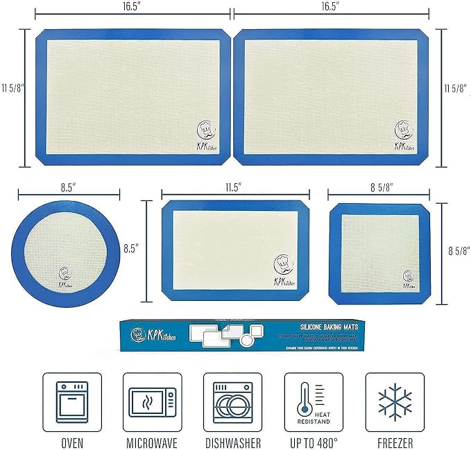 KPKitchen Silicone Baking Mats Set of 5 and Silicone Pastry Mat - 2 Half Sheets Mats + 1 Quarter Sheet Liner + 1 Round & 1 Square Mat + Extra Large Baking Mat For Rolling Out Dough - 100% Silicone - Image 2