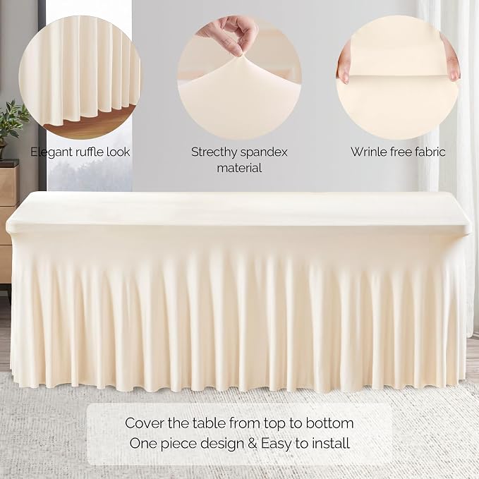 Wish Care 2 Pack Ivory Spandex Table Clothes for 6 Foot Rectangle Tables, 6FT Wrinkle Free Fitted Tablecloths Ruffles Design Table Cover for Party, Banquet, Wedding and Events - Image 2