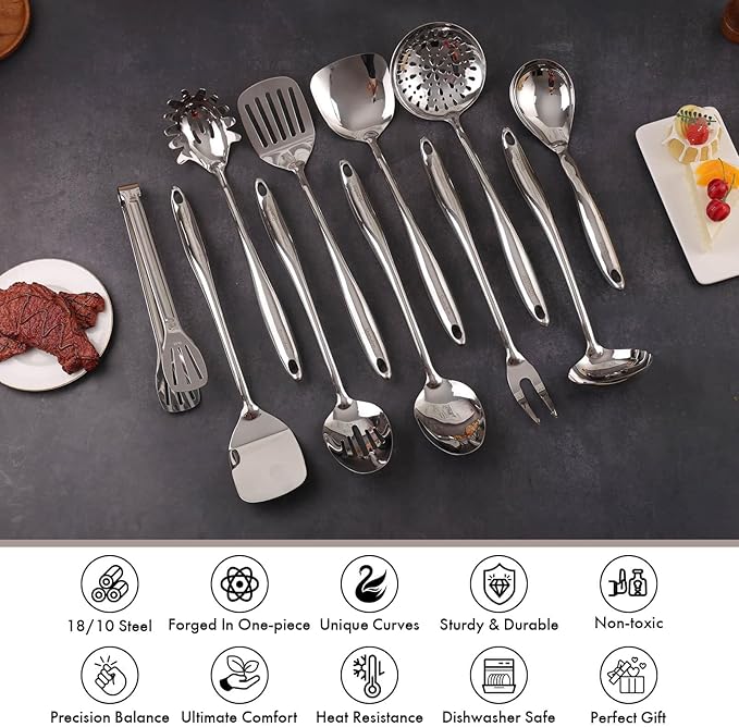 18/10 Stainless Steel Kitchen Utensils Set with Holder for Countertop | 15″ Spatula Spoon Set with Storage Organizer, 12-Pieces, Fork, Tongs, Spatula, Ladle, Skimmer, Turner, Spaghetti, Large Spoon - Image 3