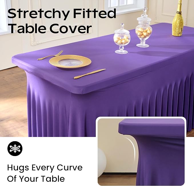 CO-AVE 2pack Purple Spandex Tablecloths 8ft for Rectangle Tables, Wrinkle Free Classy Table Skirt Stretchy 8 Foot Fitted Table Cloths Covers for Weddings Birthday Party Events Banquette Baby Shower - Image 3