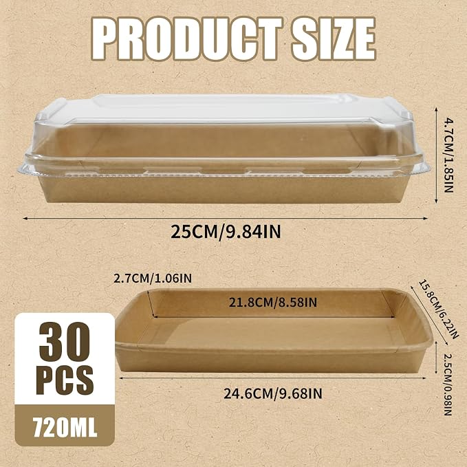 30 Pack Disposable Kraft Paper Food Trays With Clear Lids, 25oz | 10 x 6.5 x 2 inch Large Rectangle Take‑out Containers, Heavy‑duty Meal Storage Boxes for Food, Perfect for Next Day Lunch, Party - Image 5