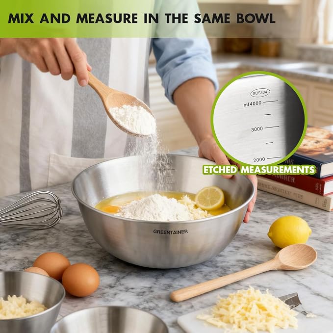 Greentainer Stainless Steel Mixing Bowls Set of 5 | 5.2 to 0.8 Qt Nesting Bowls with Measurement Markings | Dishwasher Safe | Metal Kitchen Bowls for Baking, Prepping, Cooking and Serving Food - Image 3