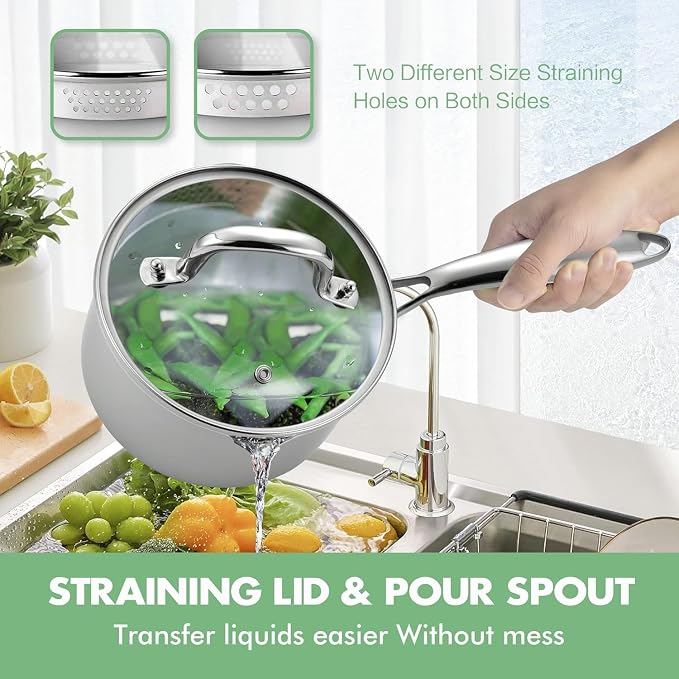 1.0 Quart Stainless Steel Pot Saucepan with Glass Strainer Lid, Sauce Pot with Two Side Spouts, Induction Cooking Pot, Multipurpose Sauce Pan with Lid for Cooking(Tri-Ply Full Body) - Image 5
