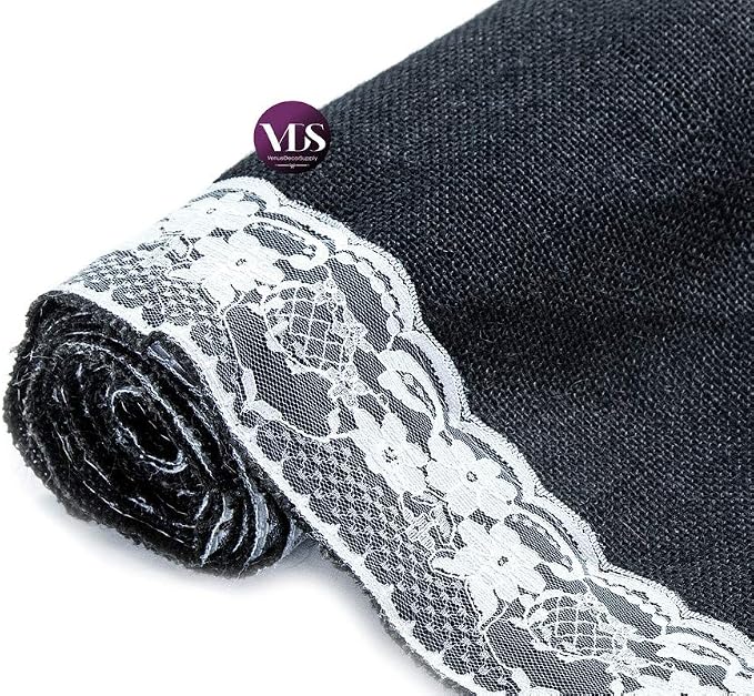 VDS Pack of 10, Burlap Table Runner with White Lace Edge, 100% Natural Jute Rustic Hessian Table Cloth Centerpiece for Wedding Birthday Party Banquet Table Decoration (Size 12X108 Inch)(Black) - Image 5