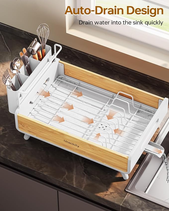 Urackify Bamoboo Dish Drying Rack for Kitchen Counter,Stainless Steel,White - Image 4