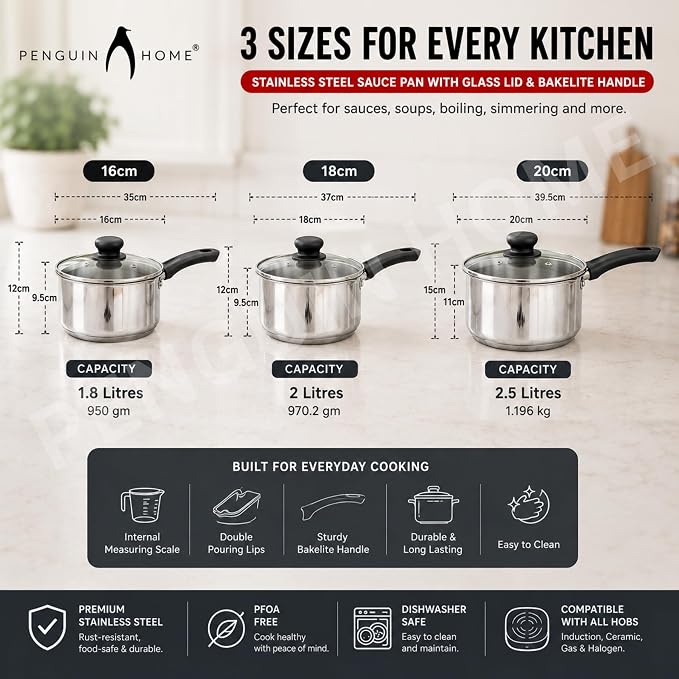 Penguin Home Professional Induction-Safe Saucepan with Lid, Stainless Steel, 16 cm, 1.5 L - Image 4