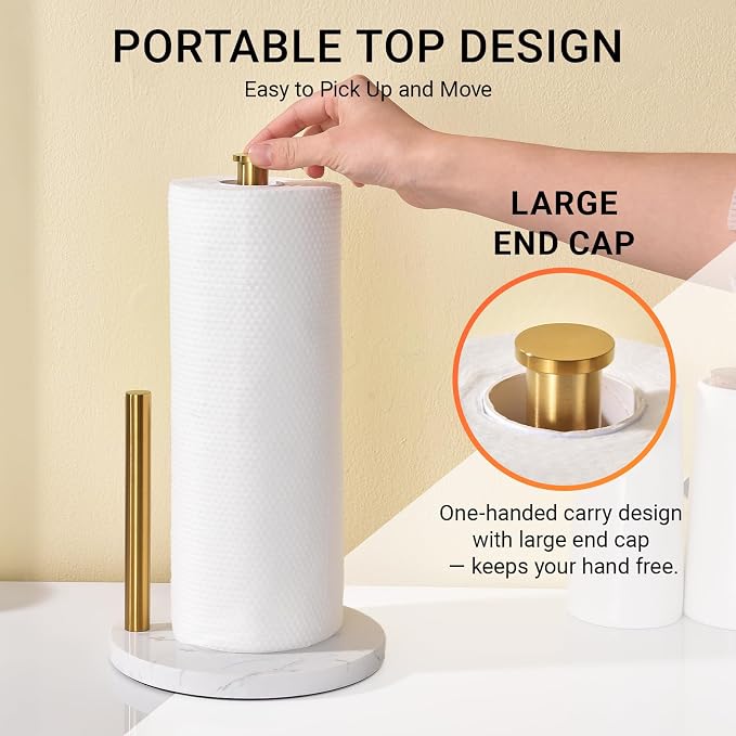Hoooh Countertop Paper Towel Stand – Brushed Gold, Weighted Marble Base - Image 5