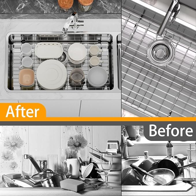 Large Sink Rack,Sink Protector for Kitchen Sink,27.6"L×14.6"W,Stainless Steel Sink Grid for Bottom of Sink,Metal Sink Grate with Rear Drain for Single Bowl,1 pack - Image 8