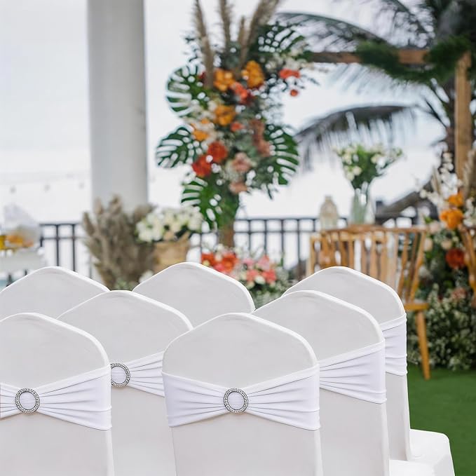 Wedding White Chair Sashes 100 Pack Spandex Chair Bands with Buckles Slider Chairs Bows for Party Birthday Bridal Shower Engagement Anniversary Christmas Event Decorations - Image 6