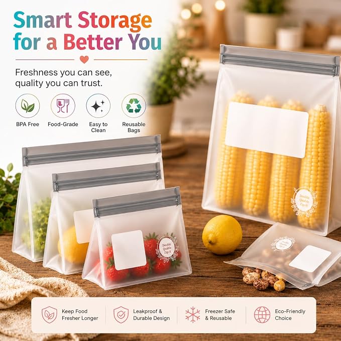 Reusable Food Storage Bags – 14-Pack Stand-Up, BPA-Free, Freezer, Dishwasher Safe & Eco-Friendly – 3 L, 8 M, 3 S Bags – Airtight Leakproof, Sandwich, Snack, and Meal Prep Baggies (Grey) - Image 3