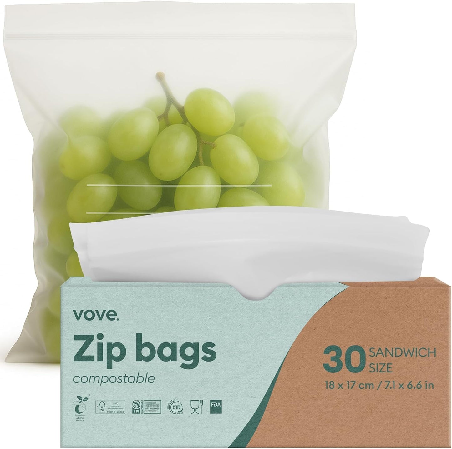 Vove Compostable Snack Bags, Small 50 Count – Freezer Safe, Leak Resistant, Non Toxic, Writable & Reusable Food Storage, Plastic-Free Eco Bags
