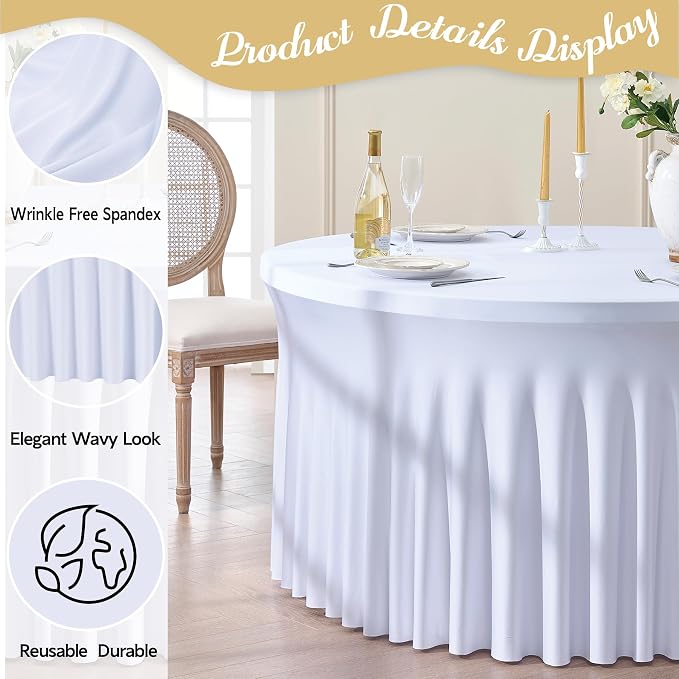 leegleri 10 Pack Spandex White Round Tablecloths for 72in Tables, Stretchy 132inch Fitted 6FT Cloths, Wrinkle Free Cover with Skirt for Wedding Birthday Party Bridal Shower Banquet - Image 2