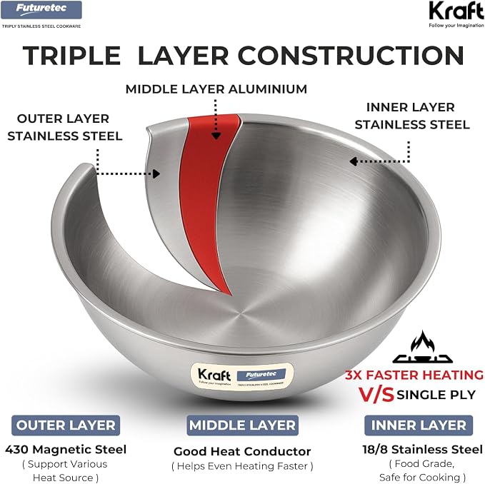 Kraft Futuretec Triply Tasla Stainless Steel Extra Deep 5.5L 30cm 3 Ply 2.5mm Thick Deep Kadai for Cooking/Induction and Gas Base - Image 3