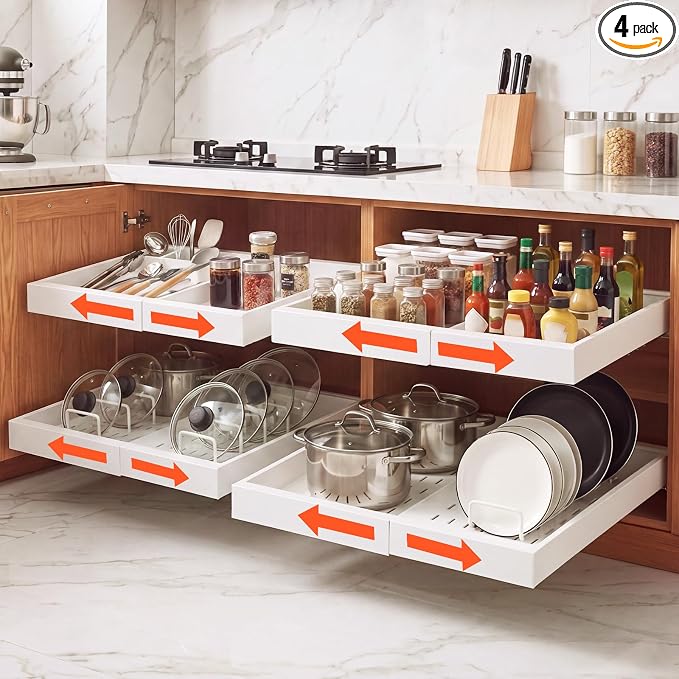 VEVOR Pull Out Cabinet Organizer, 4 Pack Expandable Width (12.2"-18.9"), 20.47" Deep Pull Out Drawers for Cabinets, Sliding Drawer for Kitchen Pantry Cabinet Organizer with Nano Adhesive Strips, White by VEVOR